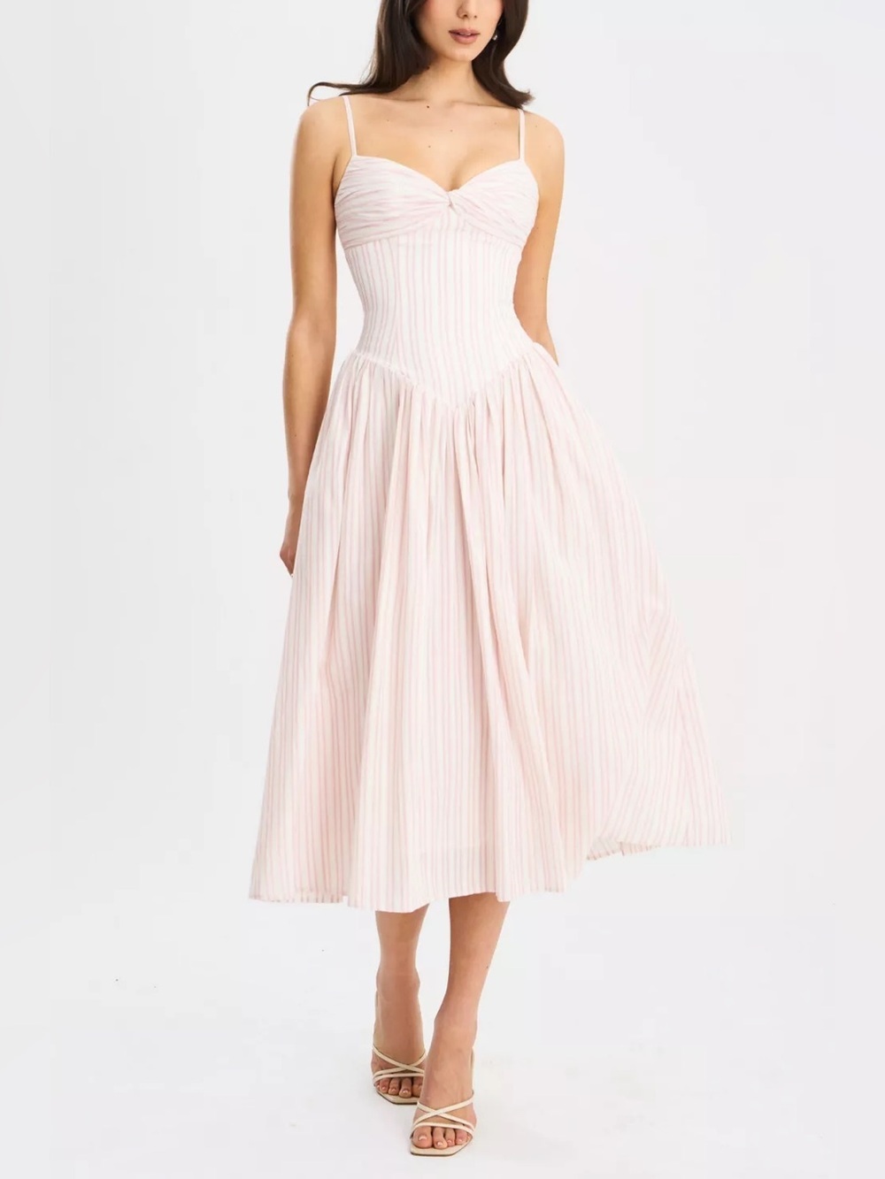Zania Pink Stripe Ruched Breast Cotton Midi Dress Small NEW in bag - Picture 2 of 10
